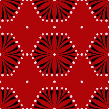Sorunsuz kırmızı arka plan siyah ve beyaz tasarım öğeleri ile. Desen duvar kağıtları, Tekstil ve kumaş için