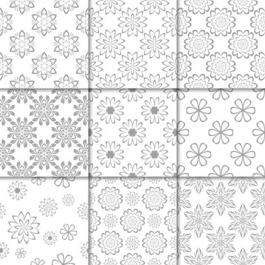 Gri ve beyaz çiçekli süsler. Kağıt için tarafsız Dikişsiz desen koleksiyonu Tekstil