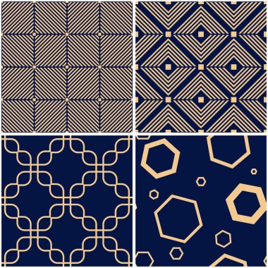 Geometrik desenler. Altın mavi sorunsuz arka planlar kümesi. Vektör çizimler