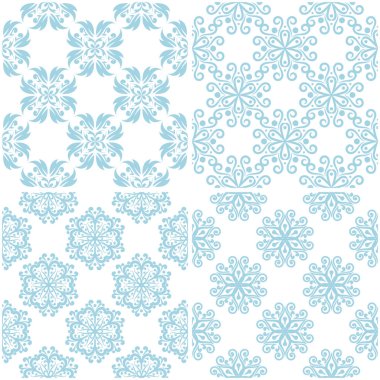 Çiçek desenleri. Beyaz ışık mavi öğeleri kümesi. Sorunsuz arka planlar. Vektör çizim