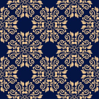 Altın mavi çiçek süsleme. Tekstil ve duvar kağıtları için seamless modeli