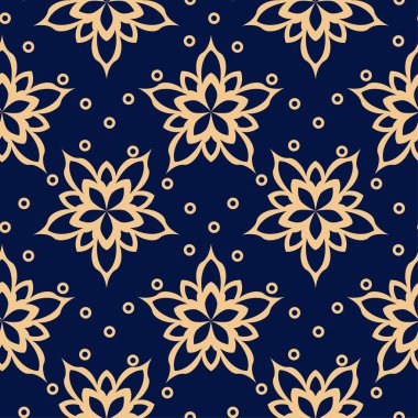 Altın mavi çiçek süsleme. Tekstil ve duvar kağıtları için seamless modeli