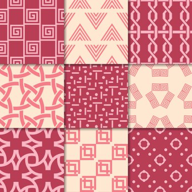 Kiraz kırmızı ve bej geometrik süsler. Web, Tekstil ve duvar kağıtları için dikişsiz desen koleksiyonu