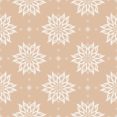Bej renkli arka plan üzerinde beyaz çiçek süsleme. Tekstil ve duvar kağıtları için seamless modeli