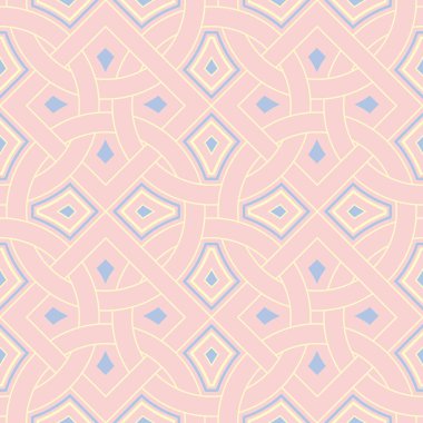 Geometrik seamless modeli. Soluk pembe arka plan duvar kağıtları, Tekstil ve kumaş için mavi ve bej elemanları ile