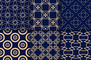 Kesintisiz geometrik desenler. Tekstil, kumaş veya duvar kağıtları koleksiyonu sarı ve mavi arka