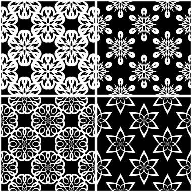 Çiçek desenleri. Siyah beyaz tek renkli kesintisiz arka planlar kümesi. Vektör çizim