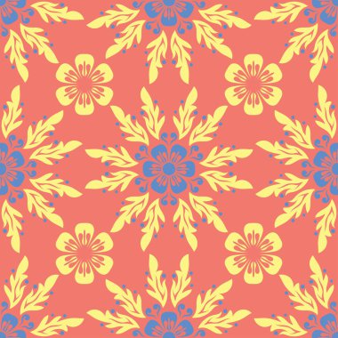 Çiçek tasarım seamless modeli. Duvar kağıtları ve kumaşlar için somon kırmızı zemin üzerine parlak sarı ve mavi çiçek öğeleri