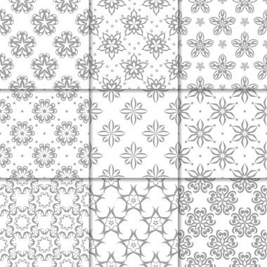 Gri ve beyaz çiçekli süsler. Kağıt için tarafsız Dikişsiz desen koleksiyonu Tekstil