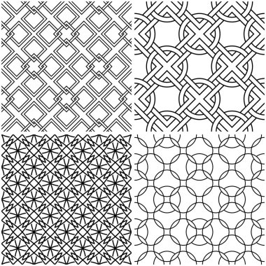 Geometrik desenler. Siyah beyaz tek renkli kesintisiz arka planlar kümesi. Vektör çizim