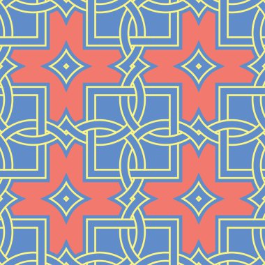 Geometrik seamless modeli. Mavi arka plan duvar kağıtları, Tekstil ve kumaş için kırmızı ve sarı tasarımı ile