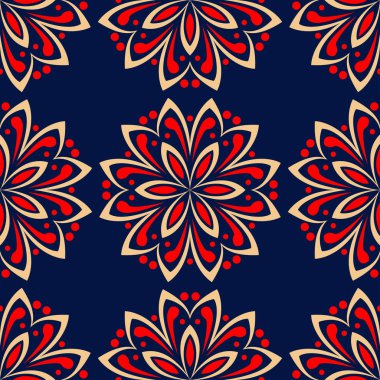 Çiçek sorunsuz arka plan. Duvar kağıtları, Tekstil ve kumaş için mavi arka plan üzerinde kırmızı ve bej çiçek öğeleri