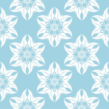 Mavi zemin üzerine beyaz çiçek süsleme. Tekstil ve duvar kağıtları için seamless modeli