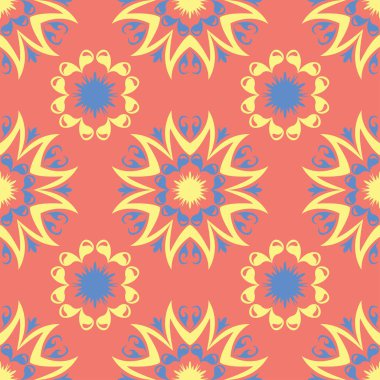 Çiçek kırmızı seamless modeli. Arka plan duvar kağıtları, Tekstil ve kumaş için sarı ve mavi çiçek öğeleri ile parlak renkli