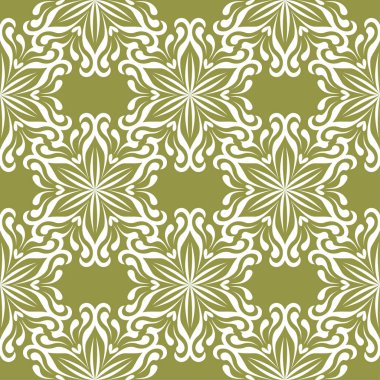 Zeytin yeşil zemin üzerine beyaz çiçek süsleme. Tekstil ve duvar kağıtları için seamless modeli