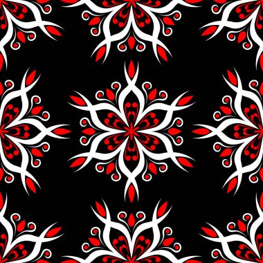 Sorunsuz çiçek desenli. Siyah arka plan üzerinde öğeleri kırmızı ve beyaz.