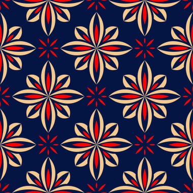 Kesintisiz mavi arka plan. Çiçek bej ve kırmızı desenli duvar kağıtları ve tekstil