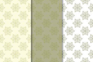 Zeytin yeşili ve beyaz çiçek arka planlar. Tekstil ve duvar kağıtları için dikişsiz desen seti