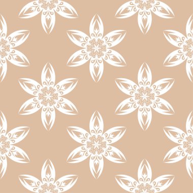 Bej sorunsuz arka plan üzerinde beyaz çiçek süsleme. Tekstil ve duvar kağıtları için seamless modeli