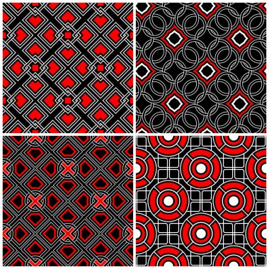 Sorunsuz siyah beyaz ve kırmızı desenler. Klasik geometrik arka plan duvar kağıtları ve tekstil