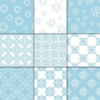 Mavi ve beyaz çiçekli süsler. Kağıt için dikişsiz desen koleksiyonu Tekstil