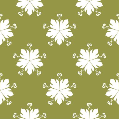 Zeytin yeşil zemin üzerine beyaz çiçekler. Tekstil ve duvar kağıtları için süs seamless modeli
