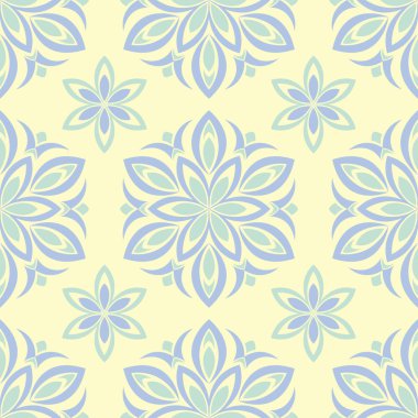 Çiçek sorunsuz arka plan. Mavi ve yeşil çiçek deseni üzerinde bej zemin, duvar kağıtları, Tekstil ve kumaş için