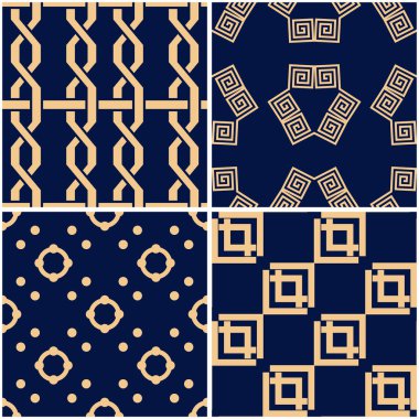 Geometrik desenler. Altın mavi sorunsuz arka planlar kümesi. Vektör çizim