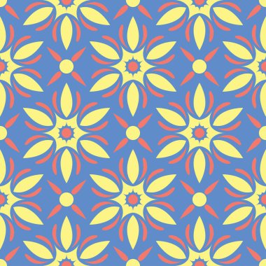 Çiçek seamless modeli. Duvar kağıtları, Tekstil ve kumaş için mavi arka plan üzerinde kırmızı ve sarı çiçek öğeleri