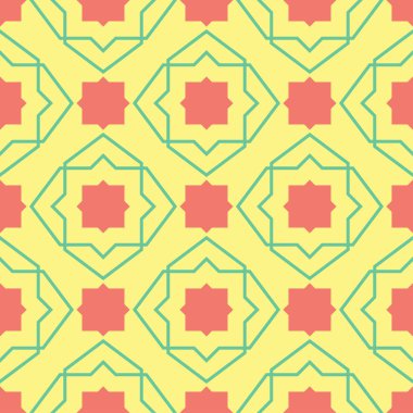 Geometrik yeşil ve pembe elemanları ile Seamless modeli. Sarı çok renkli arka plan duvar kağıtları, Tekstil ve kumaş için