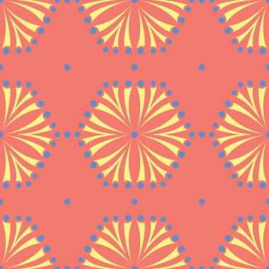 Çiçek tasarım seamless modeli. Duvar kağıtları ve Tekstil için somon kırmızı zemin üzerine parlak sarı ve mavi çiçek öğeleri