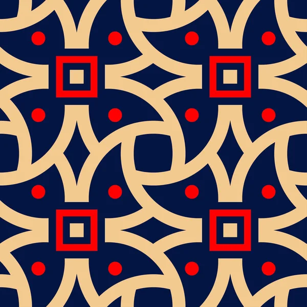 几何无缝图案 色红色和米色设计在蓝色背景为墙纸 纺织品和织品 — 图库矢量图片