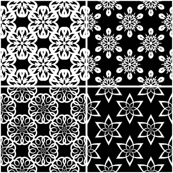 Floral Patterns Set Black White Monochrome Seamless Backgrounds Vector Illustration — Stock Vector