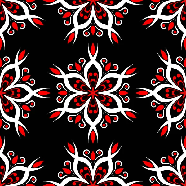 Motif Floral Sans Couture Éléments Rouges Blancs Sur Fond Noir — Image vectorielle