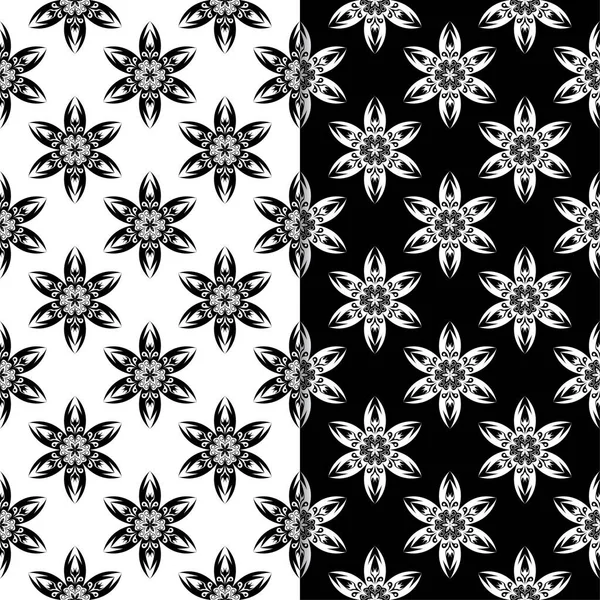 黒と白の花の装飾品 テキスタイルや壁紙のためのシームレスな背景のセット — ストックベクタ