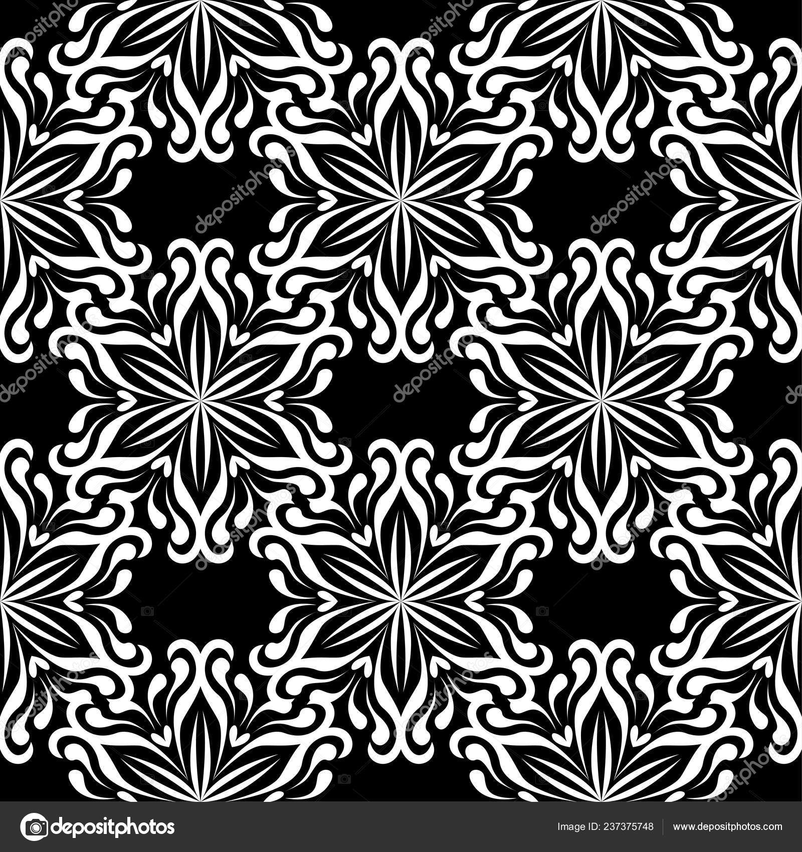 White Floral Ornament Black Background Seamless Pattern Textile
