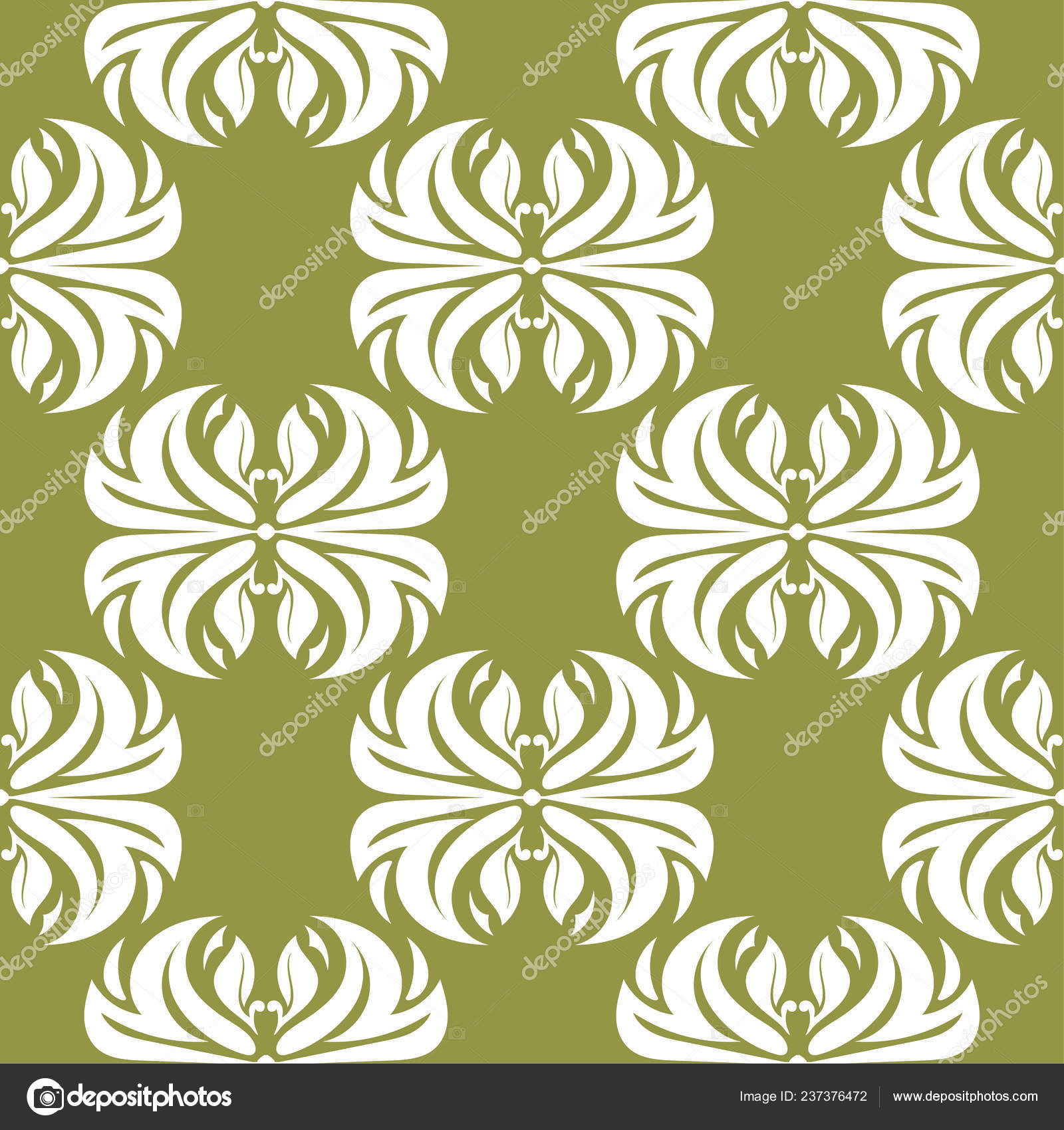 White Floral Ornament Olive Green Background Seamless Pattern Textile