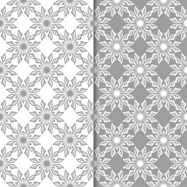 Beyaz ve gri çiçek süs tasarımlar. Tekstil ve duvar kağıtları için dikişsiz desen seti