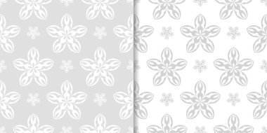 Işık gri ve beyaz çiçekli süsler. Tekstil ve duvar kağıtları için dikişsiz desen seti