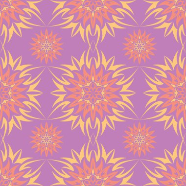 Menekşe çiçek sorunsuz arka plan. Duvar kağıtları, Tekstil ve kumaş için pembe ve sarı parlak desen