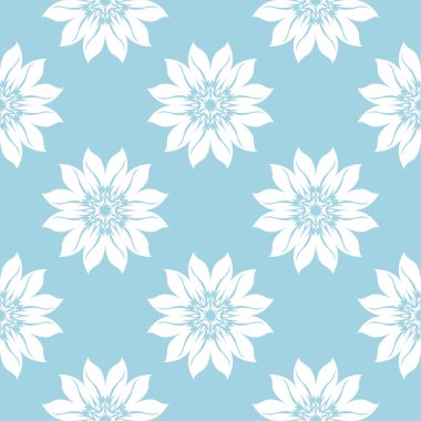 Mavi zemin üzerine beyaz çiçek süsleme. Tekstil ve duvar kağıtları için seamless modeli