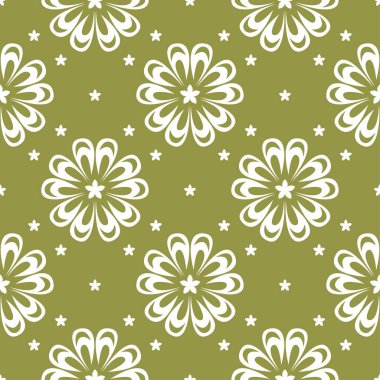 Zeytin yeşil zemin üzerine beyaz çiçek tasarım. Tekstil ve duvar kağıtları için seamless modeli