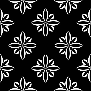 Siyah arka plan üzerine beyaz çiçekler. Tekstil ve duvar kağıtları için süs seamless modeli