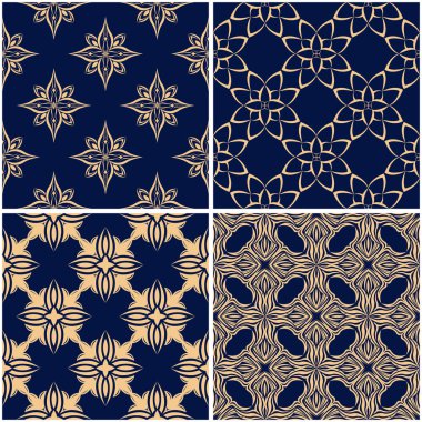 Çiçek desenleri. Altın mavi sorunsuz arka planlar kümesi. Vektör illustraton