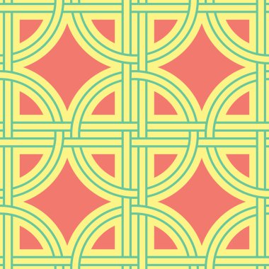 Geometrik şekilli elemanları ile sorunsuz arka plan. Parlak sarı arka plan duvar kağıtları, Tekstil ve kumaş için pembe ve yeşil tasarım ile