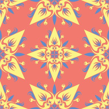 Çiçek tasarım seamless modeli. Duvar kağıtları ve Tekstil için somon kırmızı zemin üzerine parlak sarı ve mavi çiçek öğeleri