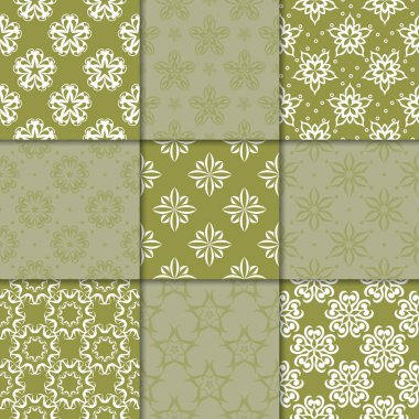 Zeytin Yeşil çiçekli süsler. Kağıt için dikişsiz desen koleksiyonu Tekstil