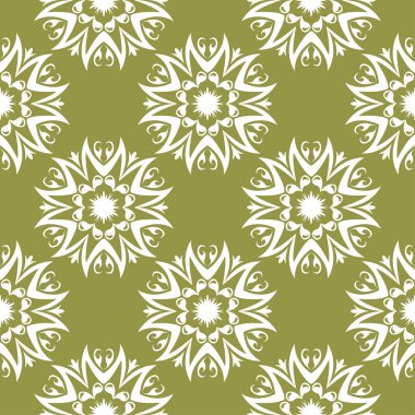 Zeytin yeşil zemin üzerine beyaz çiçek süsleme. Tekstil ve duvar kağıtları için seamless modeli
