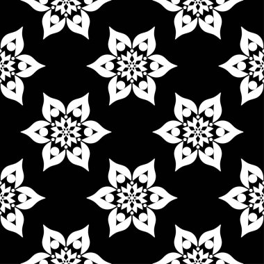 Siyah arka plan üzerine beyaz çiçek süsleme. Tekstil ve duvar kağıtları için seamless modeli