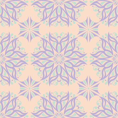 Çiçek seamless modeli. Bej renkli arka plan duvar kağıtları, Tekstil ve kumaş için mor ve mavi çiçek öğeleri ile